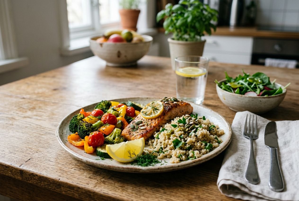 Assiette équilibrée avec poisson et légumes colorés, riz et quartiers de citron; salade et planchette à cutlery sur table rustique. Différence entre régime et rééquilibrage alimentaire évoquée.