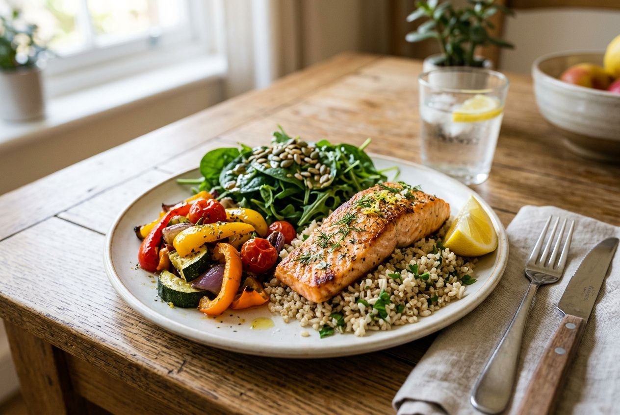Assiette équilibrée avec saumon grillé, légumes sautés et quinoa, accompagné d’un verre d’eau citronnée. astuces pour maigrir facilement intégrée implicitement.