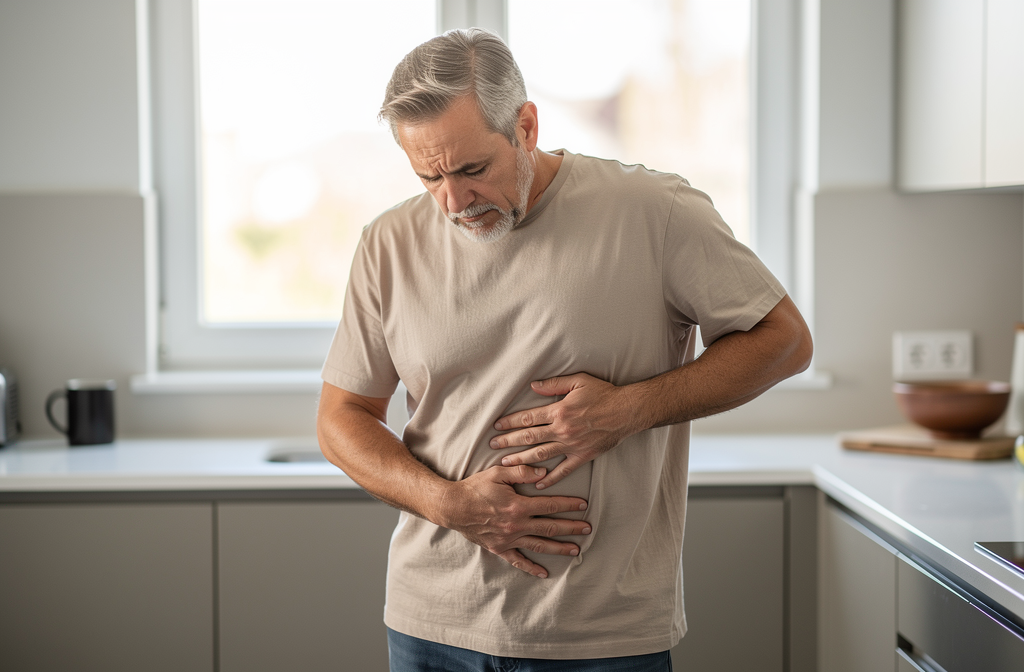 Homme observant son ventre après 50 ans