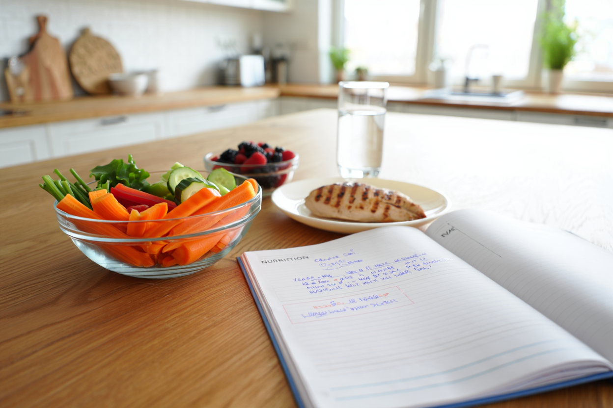 Femme préparant un repas équilibré à domicile