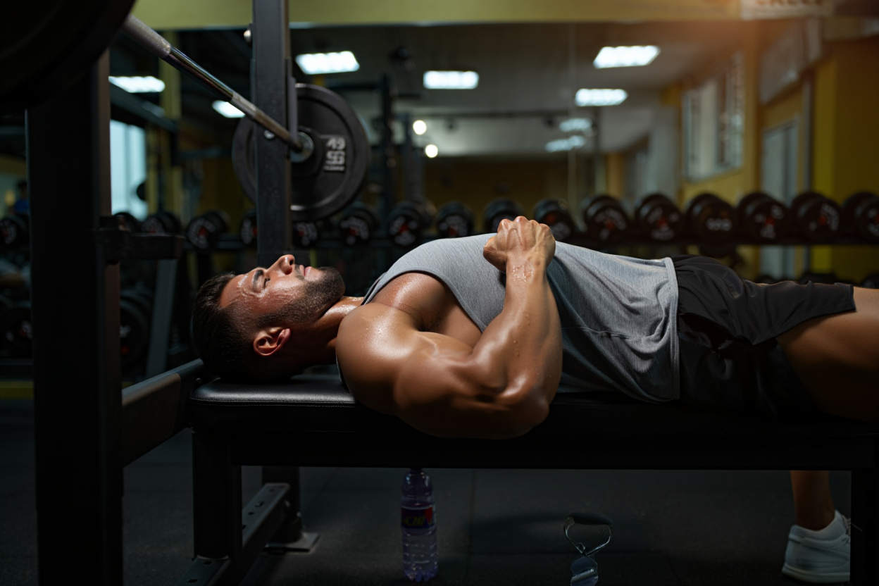 Homme en salle de musculation effectuant des séries de développé couché avec timing de repos
