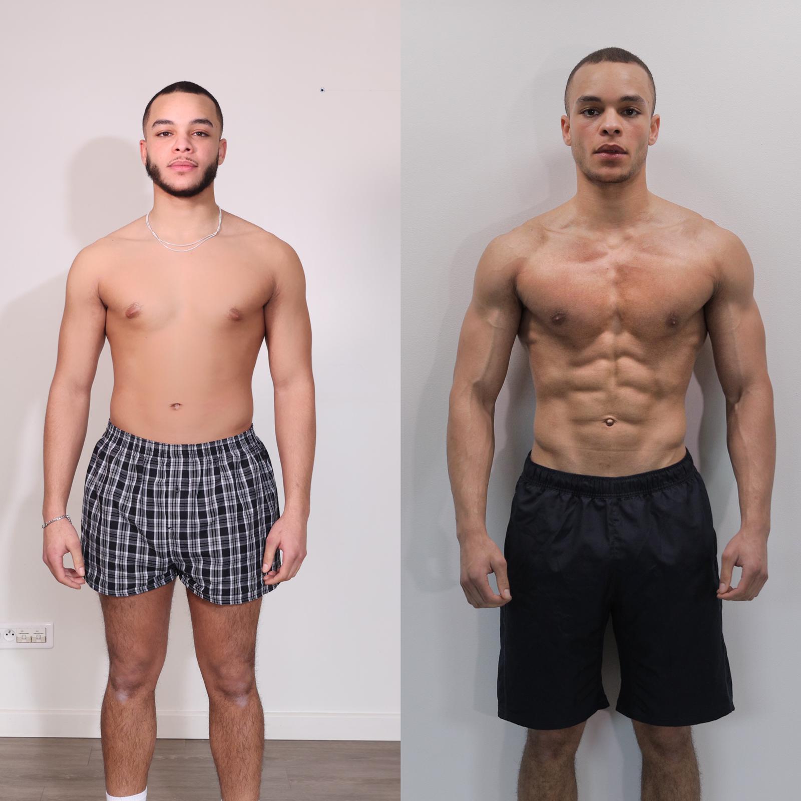 Avant/après progression corporelle: homme jeune, torses dénudés, montre transformation avec muscles visibles sur la photo de droite.
