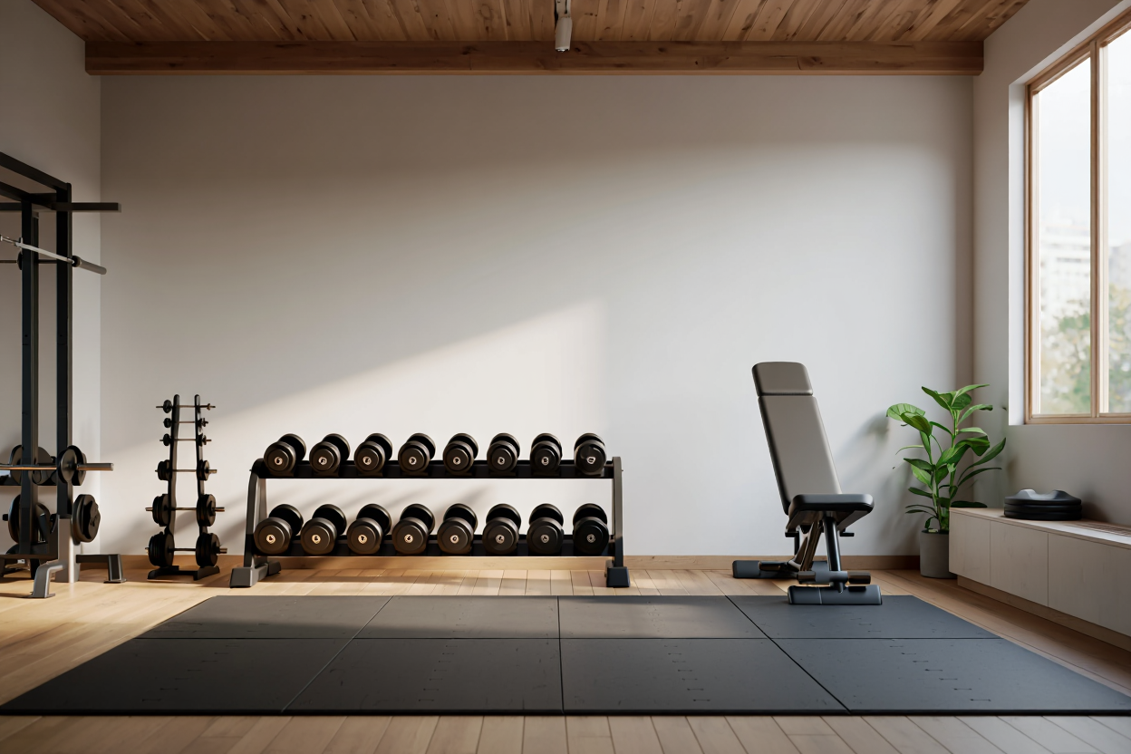 Petit espace de gym à domicile avec équipements essentiels