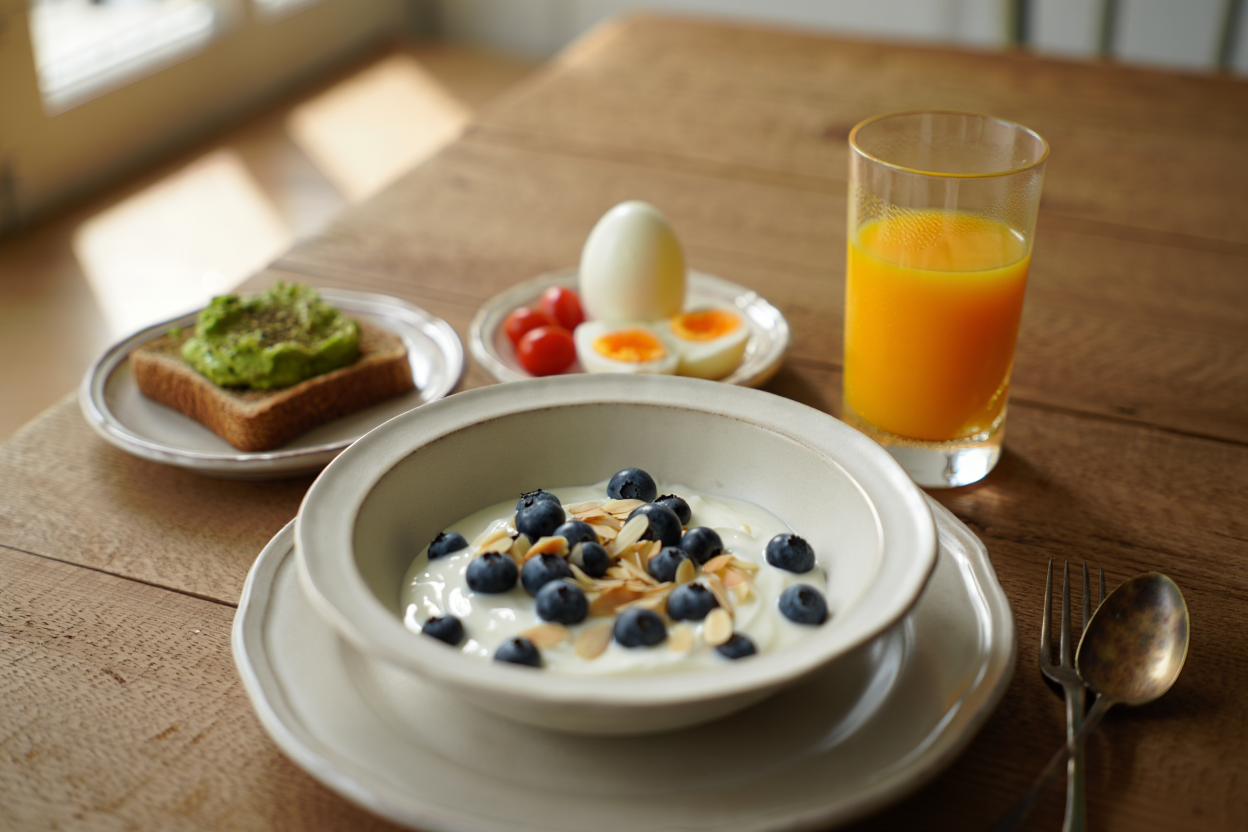 Petit-déjeuner avec œufs, avoine et noix