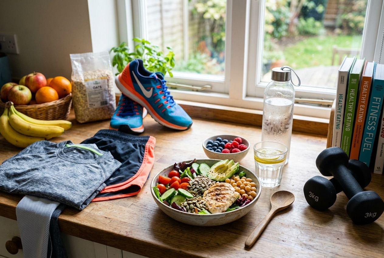 Bol varié composé de salade avec légumes, fruits et graines, près d’articles de sport et d’une bouteille d’eau, sur une étagère près de la fenêtre. que manger pour maigrir quand on fait du sport