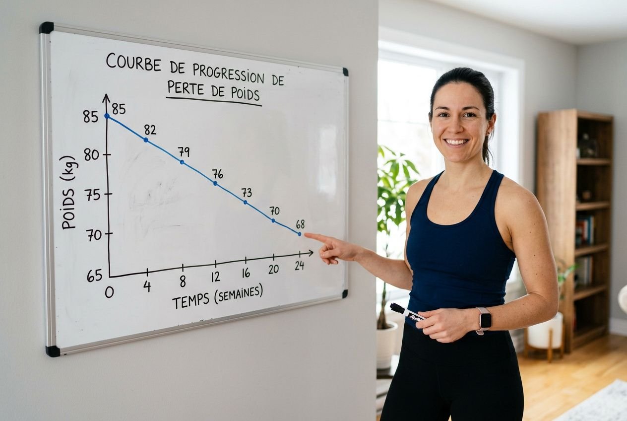 Une coach sportive pointe une courbe de progression sur un tableau blanc montrant une perte de poids au fil du temps, avec des chiffres et une flèche indiquant une diminution. Au bout de combien de temps on commencé à perdre du poids intégrée naturellement.