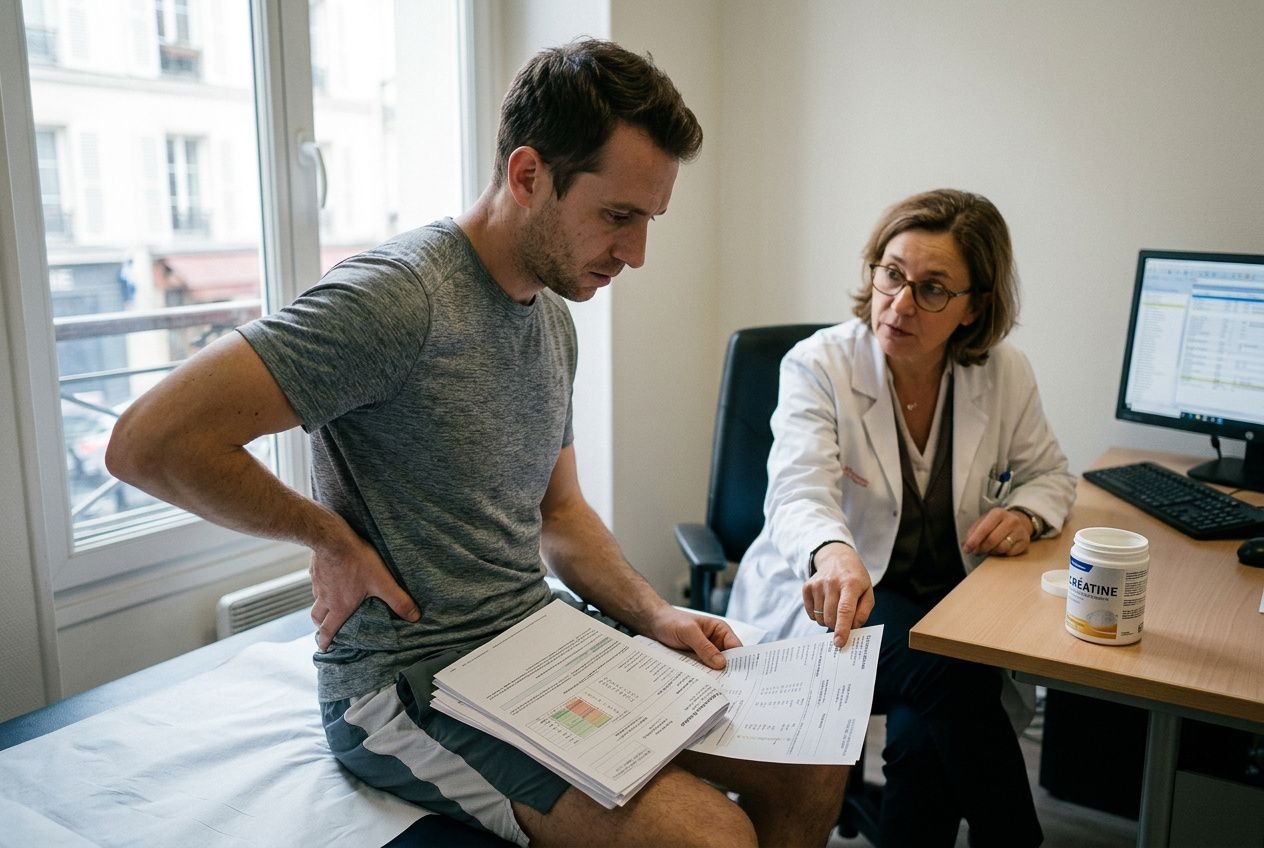 Consultation médicale sur la créatine : patient masculin montrant des documents au médecin, boîte de créatine à côté sur le bureau. Créatine bienfaits et méfaits discutés.