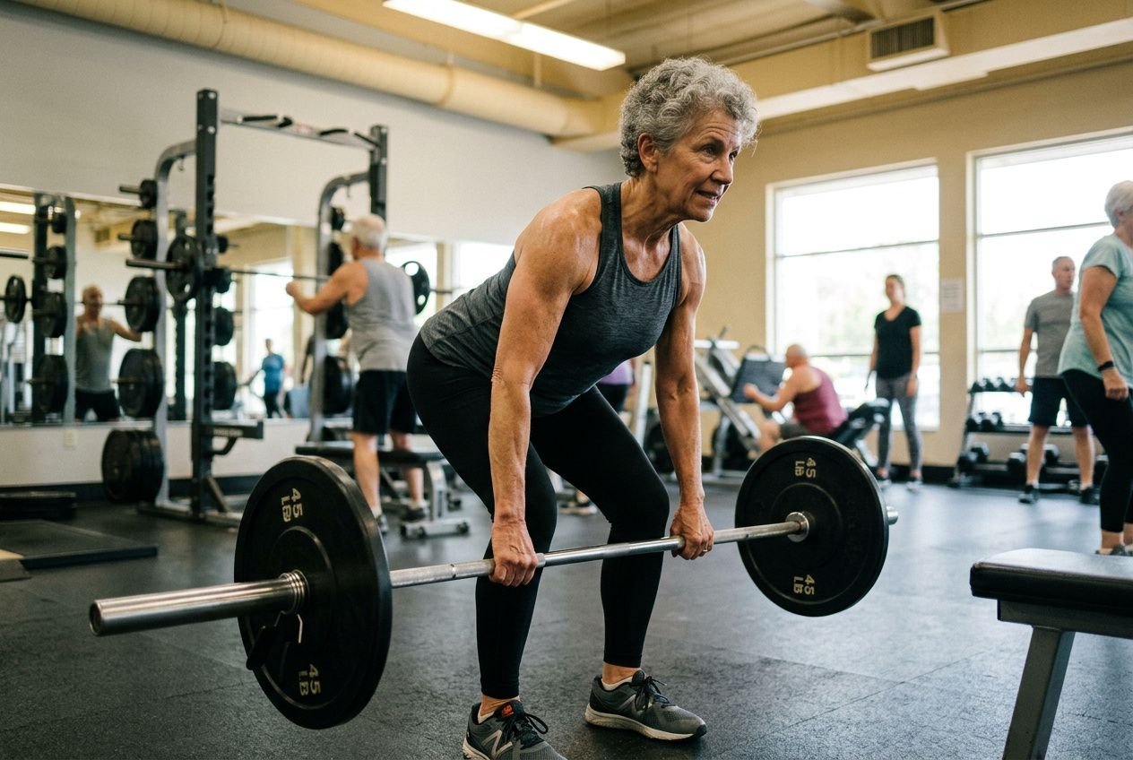Femme de 60 ans effectuant un exercice de musculation avec barre chargée, dans une salle équipée. en de protéines par jour pour une femme de 60 ans