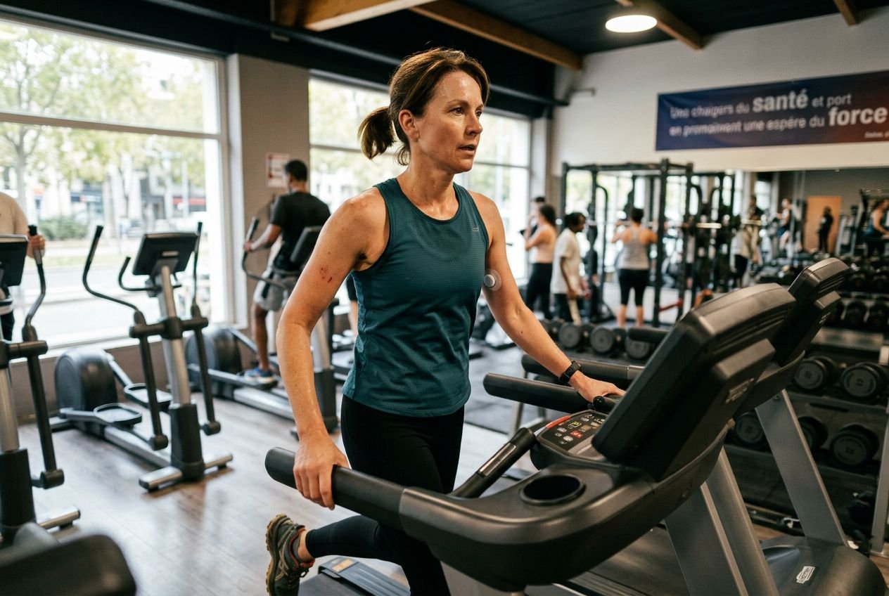 Femme active sur un tapis de course au gym, dirigeant l’appareil avec détermination lors d’un entraînement cardio. ozempic perte de poids