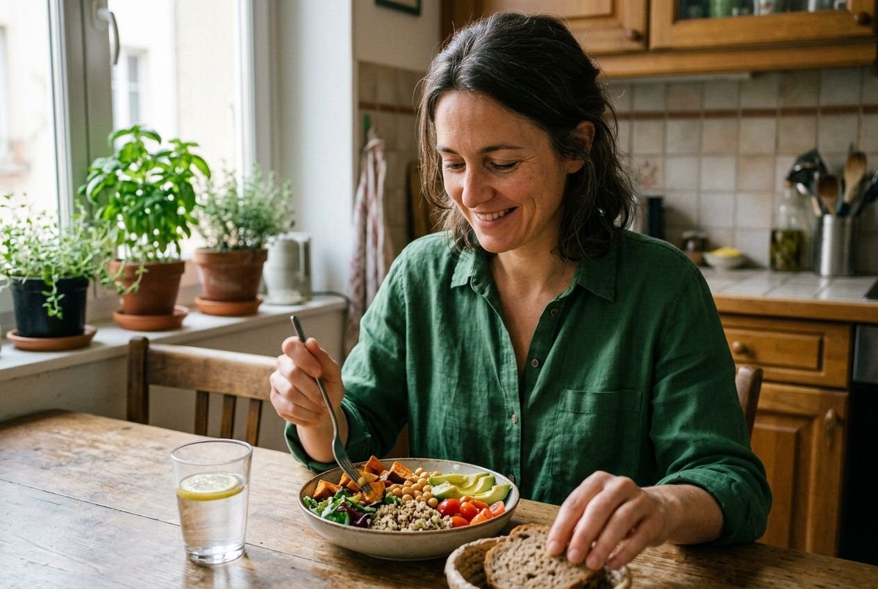 Femme adulte souriante dégustant une salade équilibrée à la maison, avec pain et verre d’eau citronnée, pour perdre du poids apres 40 ans femme.
