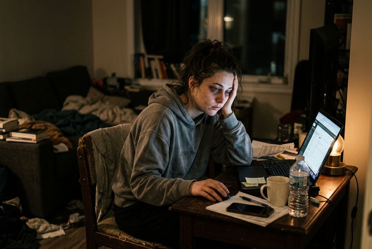 Femme assise devant un ordinateur dans une pièce sombre, visage fatigué, tête appuyée sur la main; lampe de bureau, tasse et bouteille d’eau sur le bureau, piles de papers et vêtements éparpillés. Effets physiques du manque de sommeil évoqués.