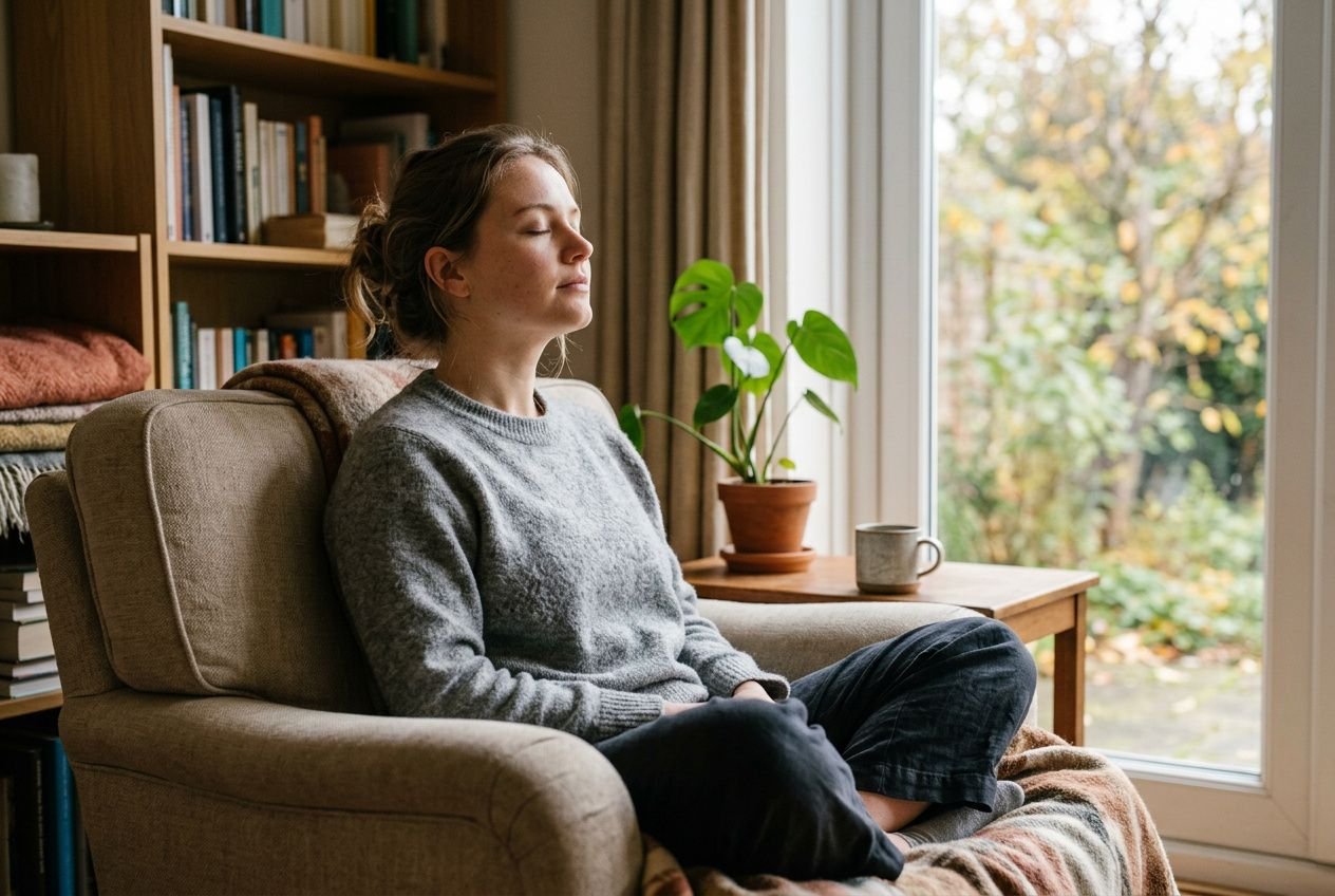 Femme assise en méditation dans un salon, yeux clos, respirant calmement pour gérer le stress, près d'une fenêtre.
