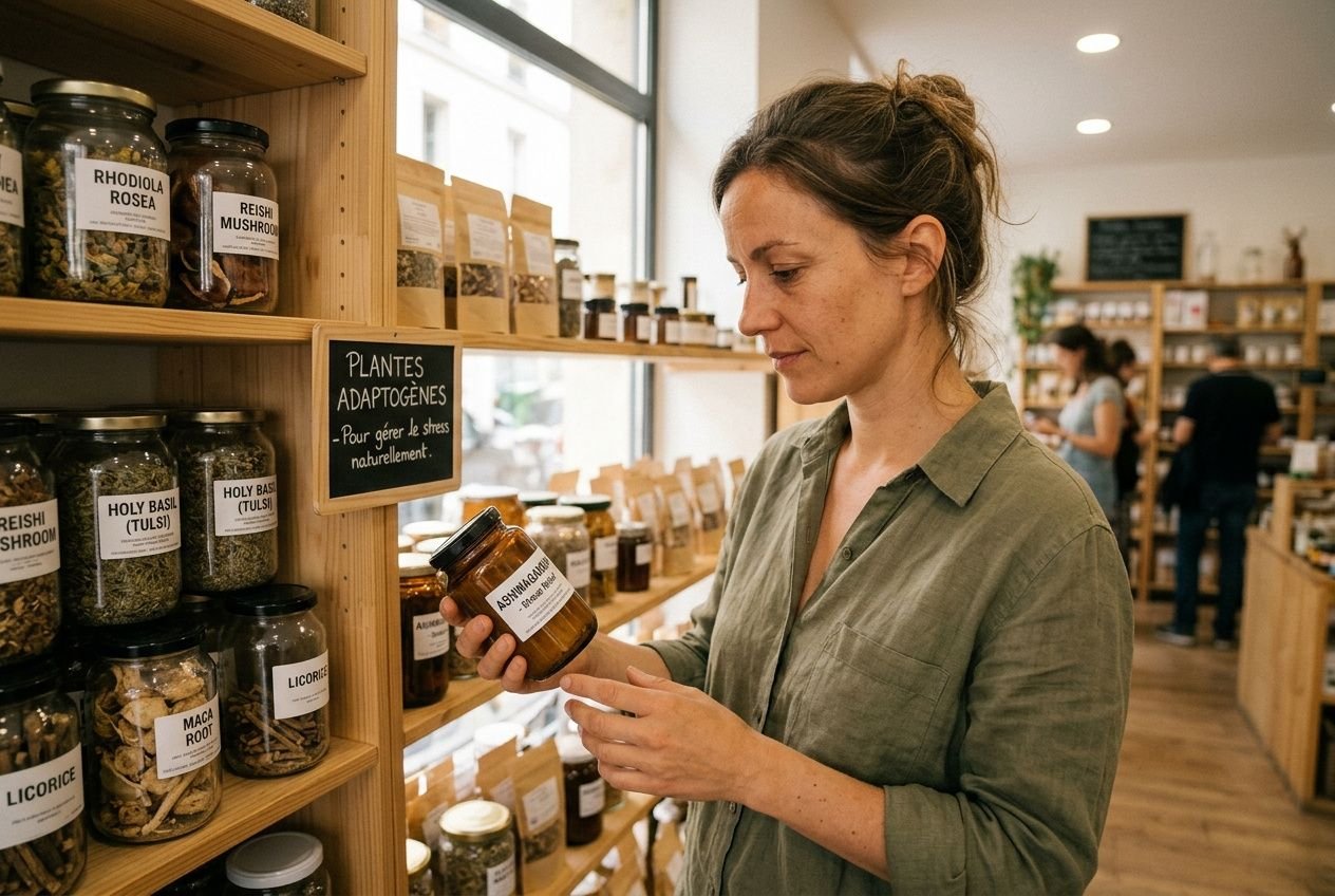 Femme qui choisit une bouteille dans une boutique naturelle, étagères remplies de plantes et compléments et un petit panneau “Plantes Adaptogènes” au fond. intégration: comment gérer son stress naturellement