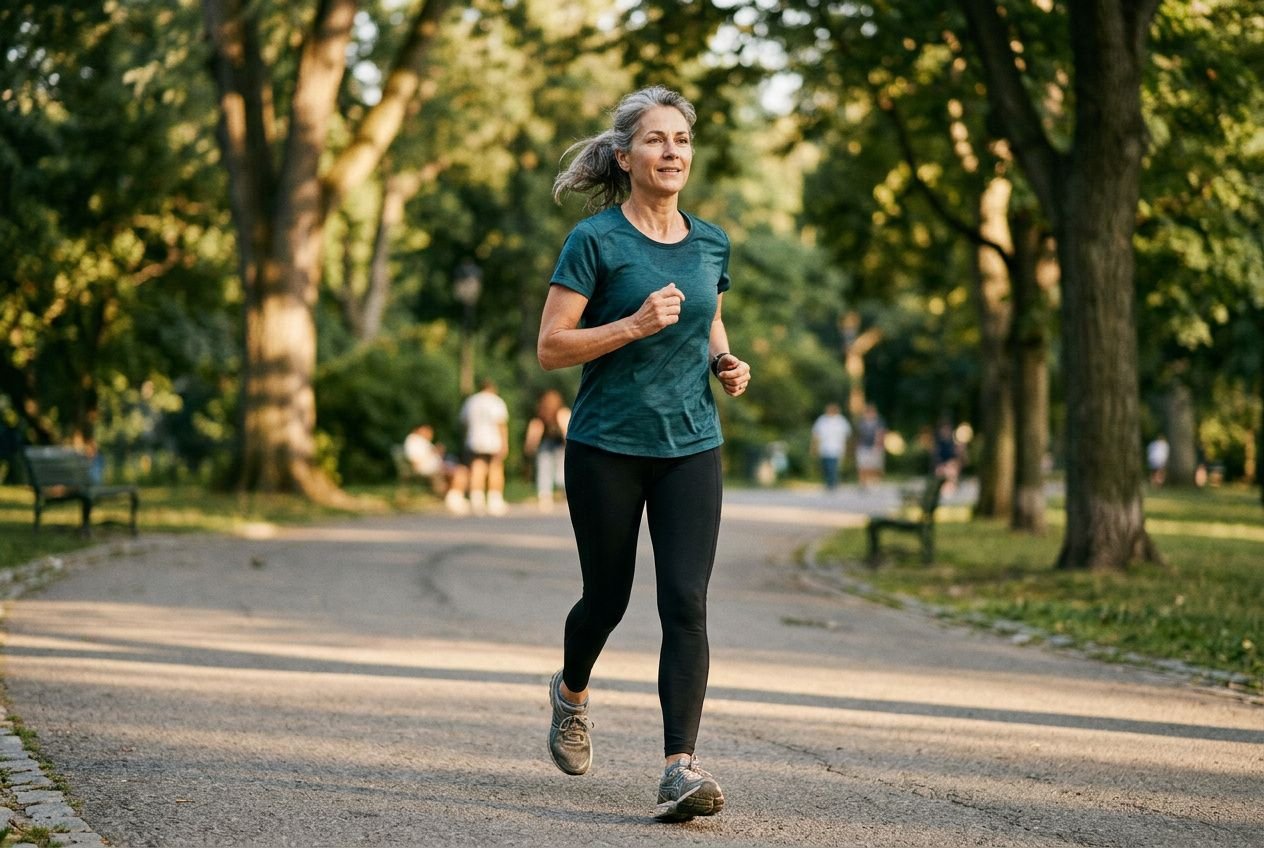 Femme courant dans un parc, jogging léger dans un cadre vert, effort ciblé pour perdre du ventre femme.