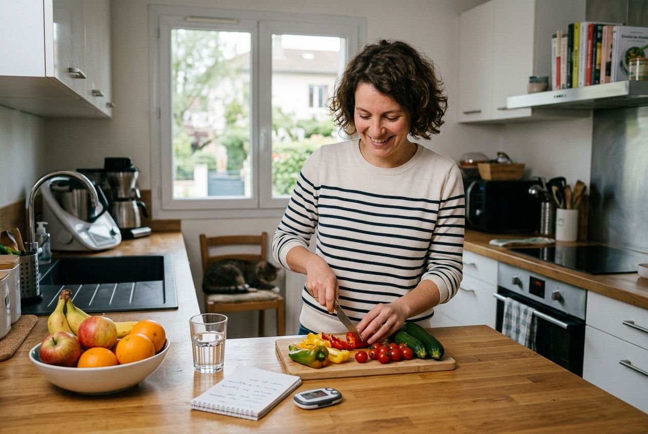 Femme en cuisine découpe des légumes frais sur la planche, fruits dans le bol à côté et carnet posé sur le plan de travail. Intègre subtilement les astuces pour maigrir facilement.