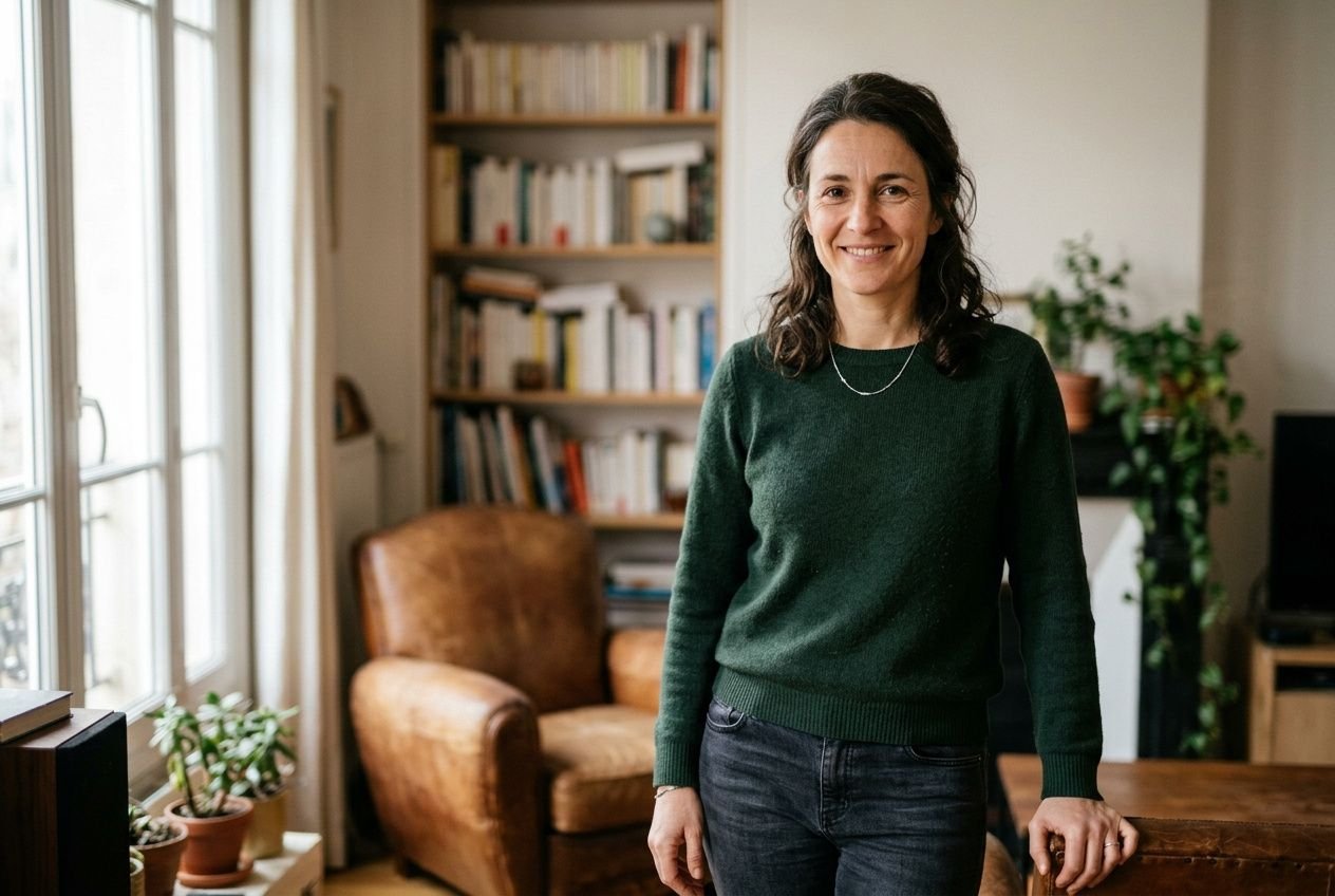 Femme debout dans un salon lumineux, sourire, vêtue d’un pull vert et jeans, bibliothèque et plantes en arrière-plan. Perdre du poids apres 40 ans femme.