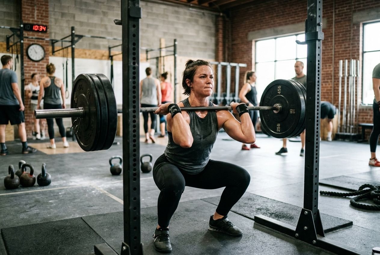 Femme effectuant un squat avec barre chargée, dans une salle de sport légère et dynamique. texte: "comment commencer transformation physique" intégré naturellement.