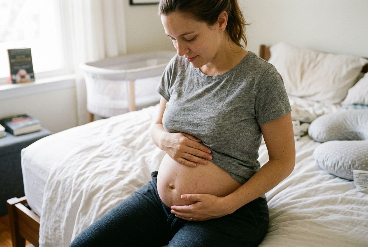 Femme enceinte posant sa main sur son ventre rond, assise sur un lit dans une chambre lumineuse.