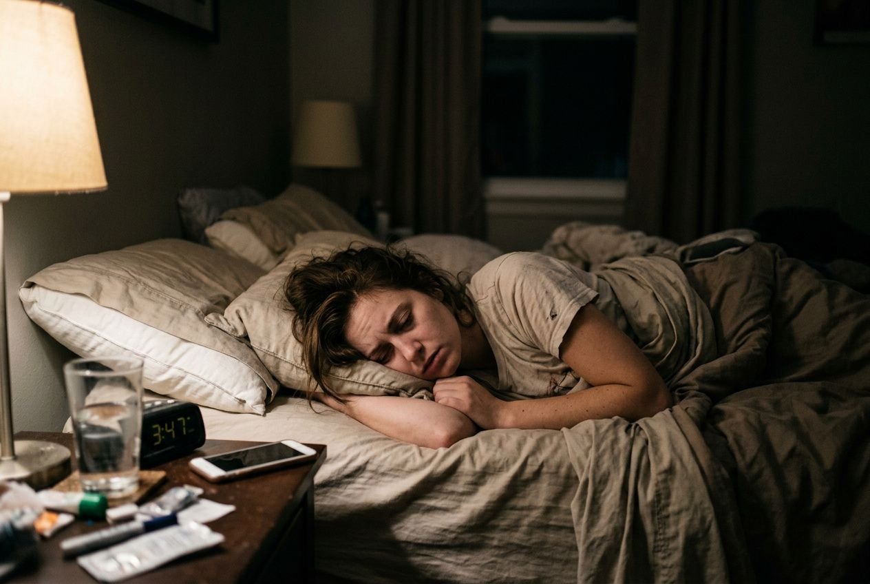 Femme endormie sur le côté dans un lit, réveil affichant 3:47, près d’un smartphone et de sachets, illustrant les effets physiques du manque de sommeil.