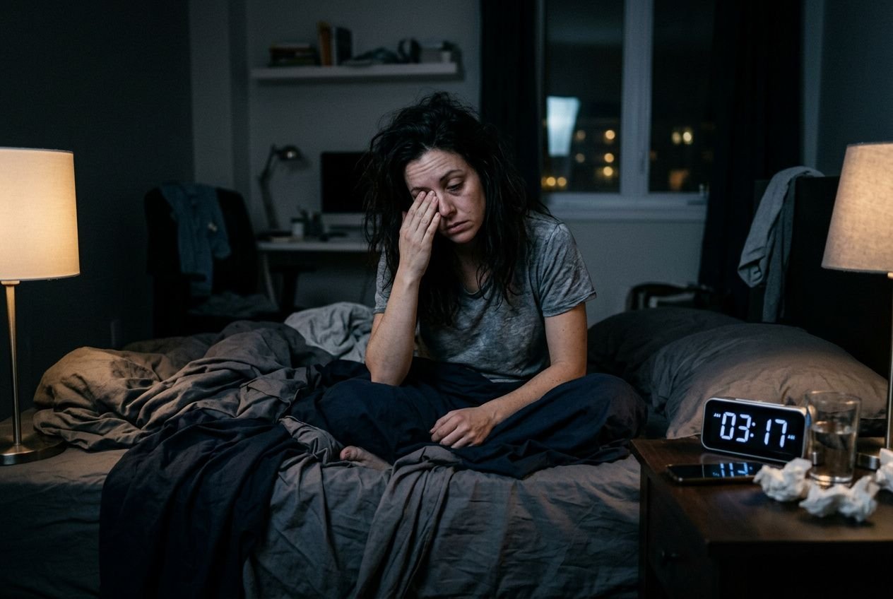 Femme éveillée dans son lit sombre, tête dans la main, montre affichant 03:17, ambiance nuit et fatigue. Sommeil profond comment faire.