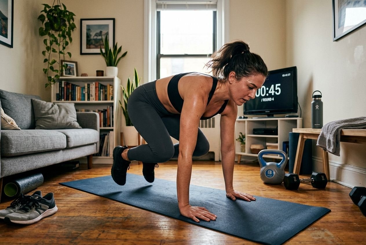 Femme en exercice sur tapis de yoga à domicile, effectuant une position de planche avancée, montre un entraînement rapide pour maigrir facilement.