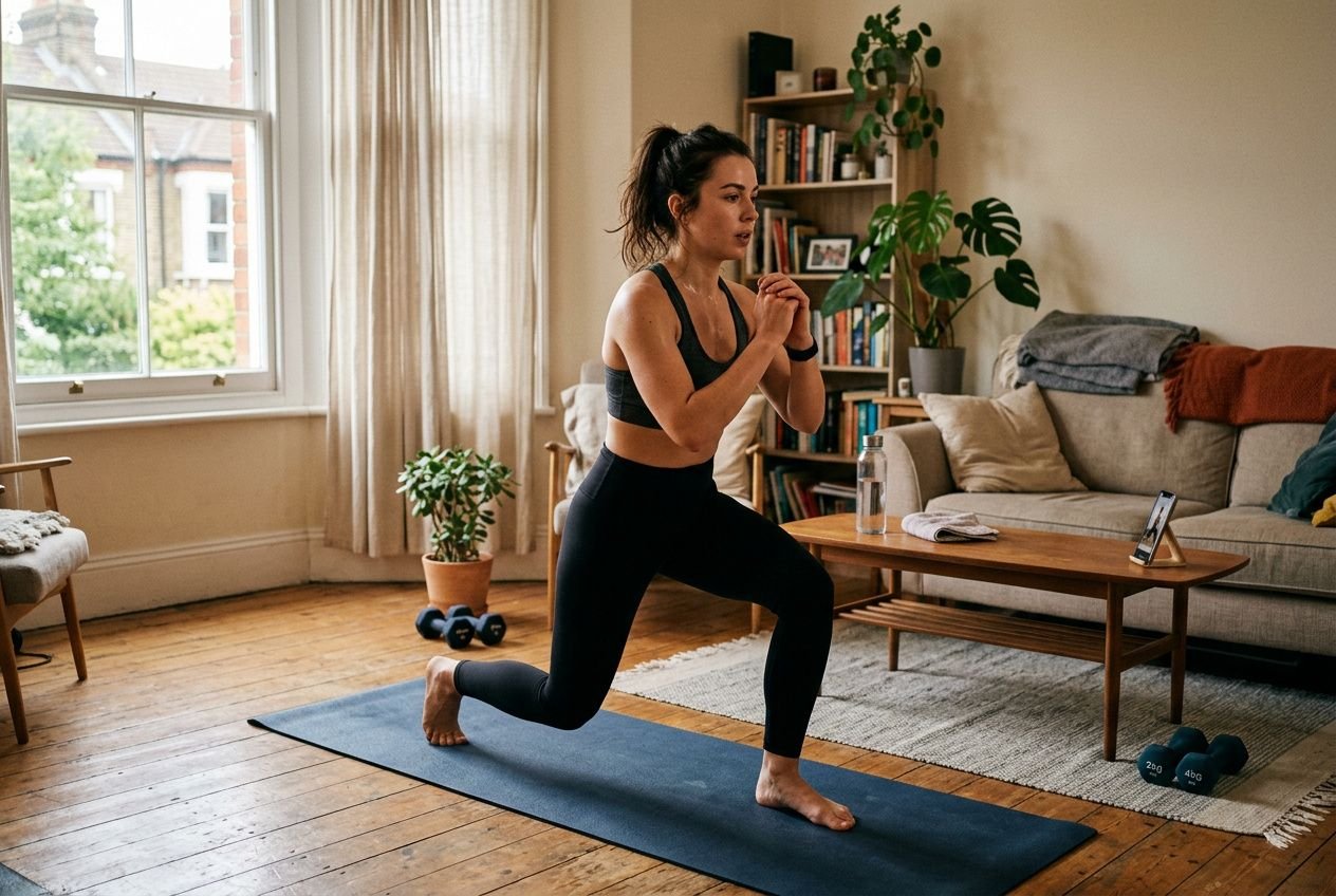 Femme faisant une séance de sport à la maison en position de fente sur tapis, prête à s’entraîner avec accessoires et éléments de déco au salon. sport à la maison combien de fois integrated naturally.