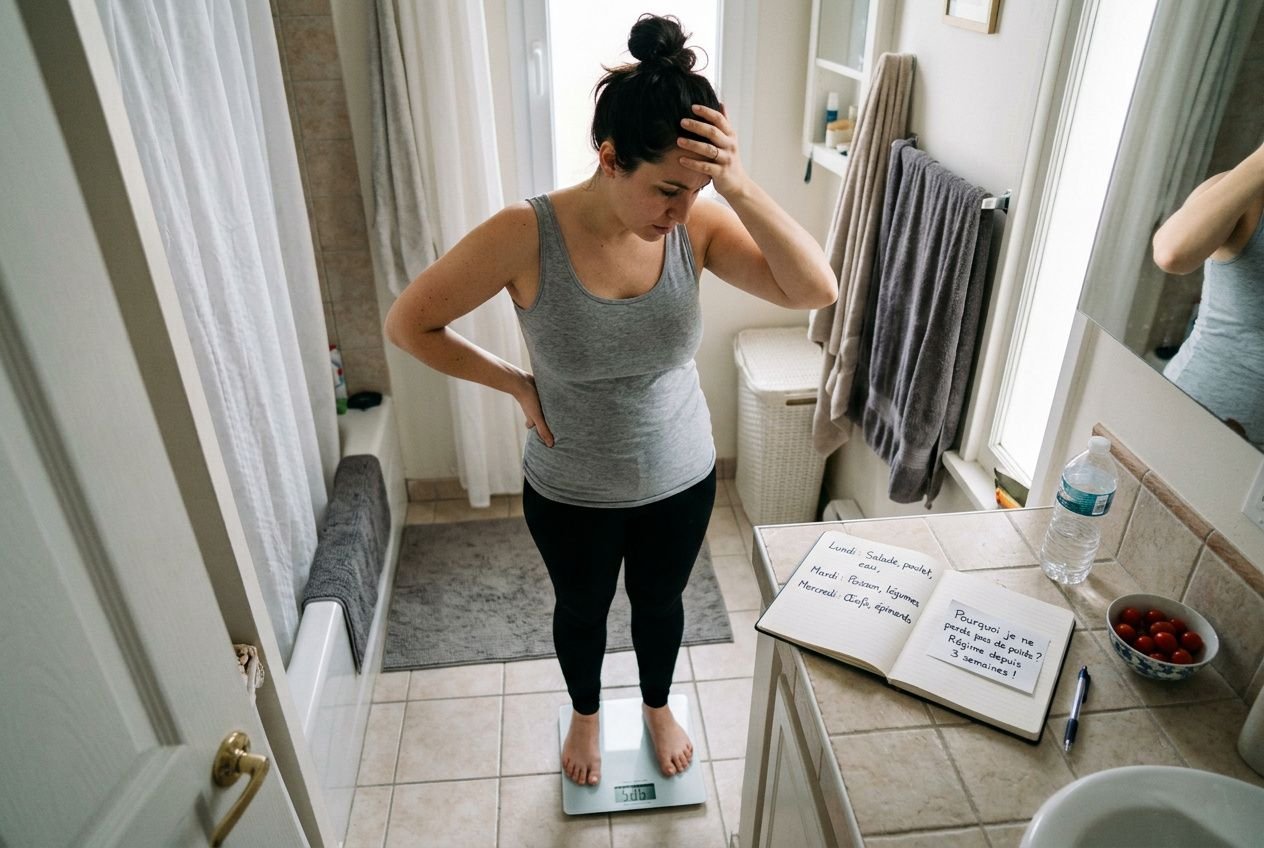 Femme frustée avec balance pèse-personne