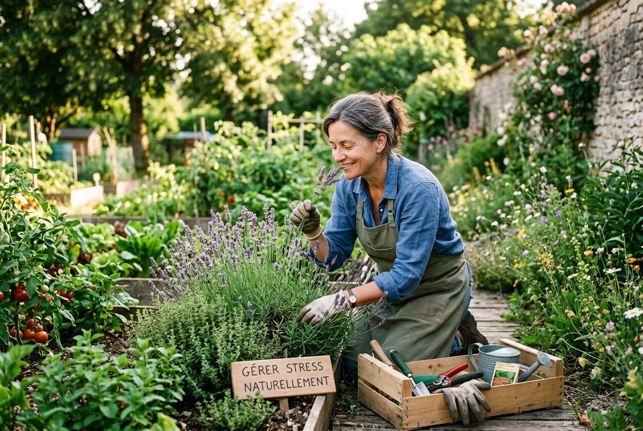 Femme jardineuse en jardin, respirant calmement près d’un potager; dessus, un petit écriteau “Gérer stress naturellement” avec outils de jardinage.
