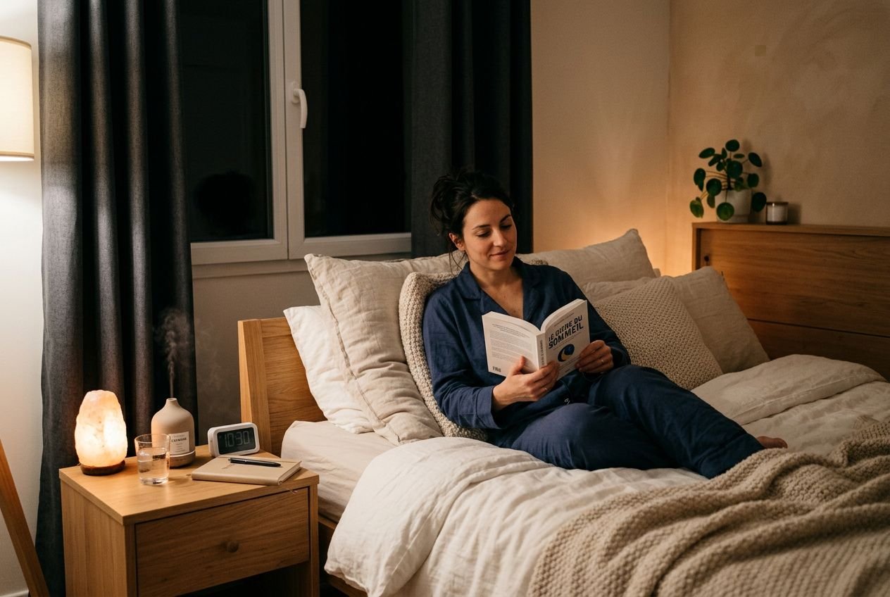 Femme lisant au lit dans une chambre cosy, lampe sur la table de chevet et ambiance calme propice au sommeil réparateur conseils.