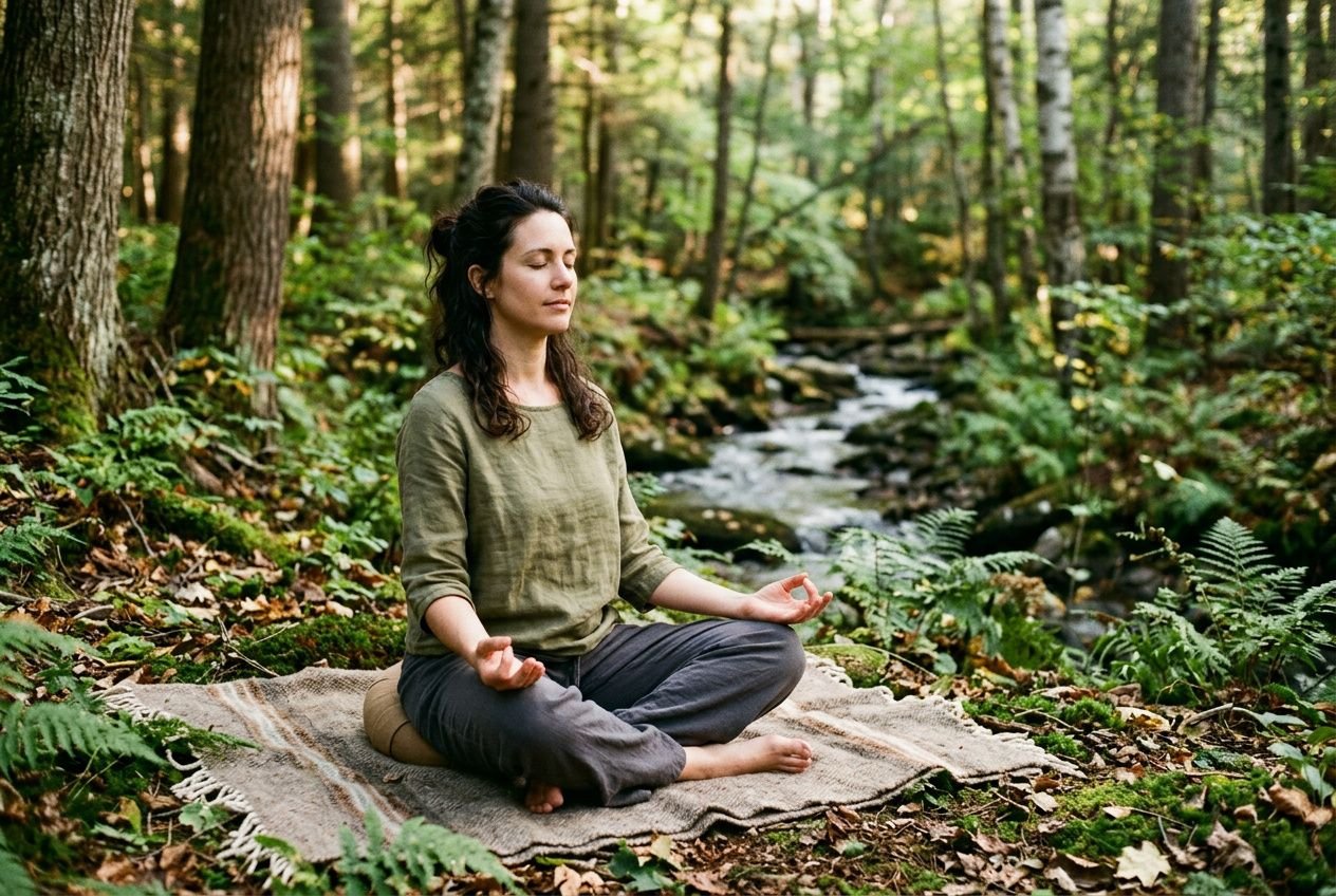 Femme méditant les yeux fermés dans la forêt, assise sur un tapis, près d’un petit cours d’eau, pratique de la pleine conscience naturelle. Integrate keyword: include "comment gérer son stress naturellement" naturally. We must include main keyword. Create: "Femme méditant dans la forêt pour comment gérer son stress naturellement, sereine, près d’un cours d’eau." Ensure 50-125 chars. Let's craft: "Femme méditant dans la forêt pour comment gérer son stress naturellement, sérénité près d’un cours d’eau." Count ~108. Let's final. Femme méditant dans la forêt pour comment gérer son stress naturellement, sérénité près d’un cours d’eau.