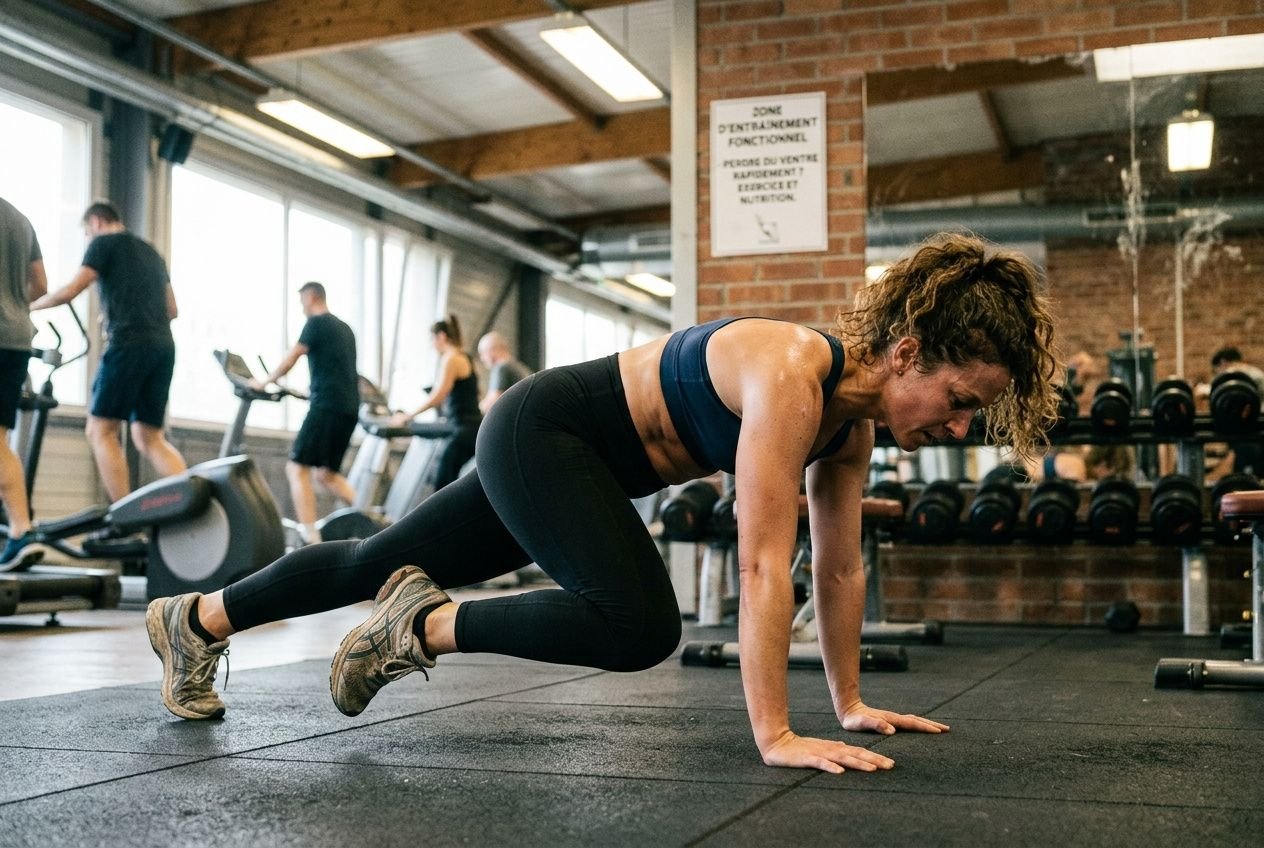 Femme en position de gainage dynamique sur le sol de la salle de sport, appui sur les mains et pieds, avec des haltères et d’autres appareils en arrière-plan. Perdre du ventre rapidement exercice.