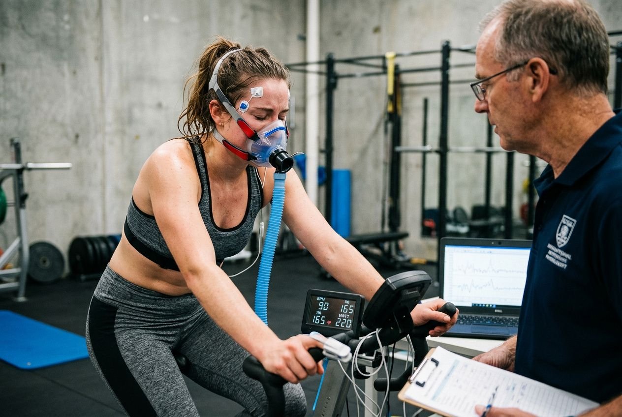 Femme en séance de sport utilisant un masque respiratoire sur un vélo ergomètre, supervisée par un coach et alimentée par ordinateur. respiration pour gérer le stress