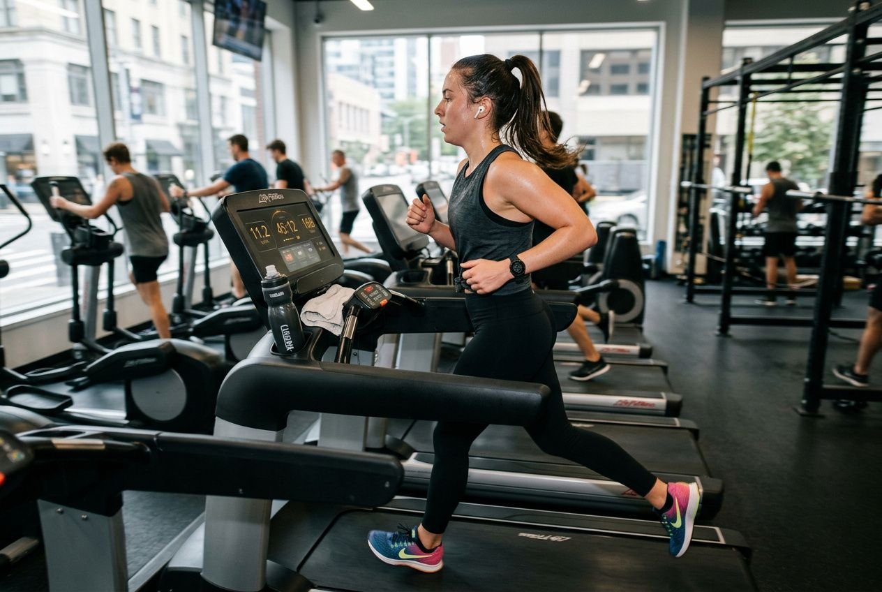 Femme en séance sur tapis roulant en salle de sport, silhouette athlétique, effort soutenu pendant une cardio-training. Perdre du ventre rapidement femme.