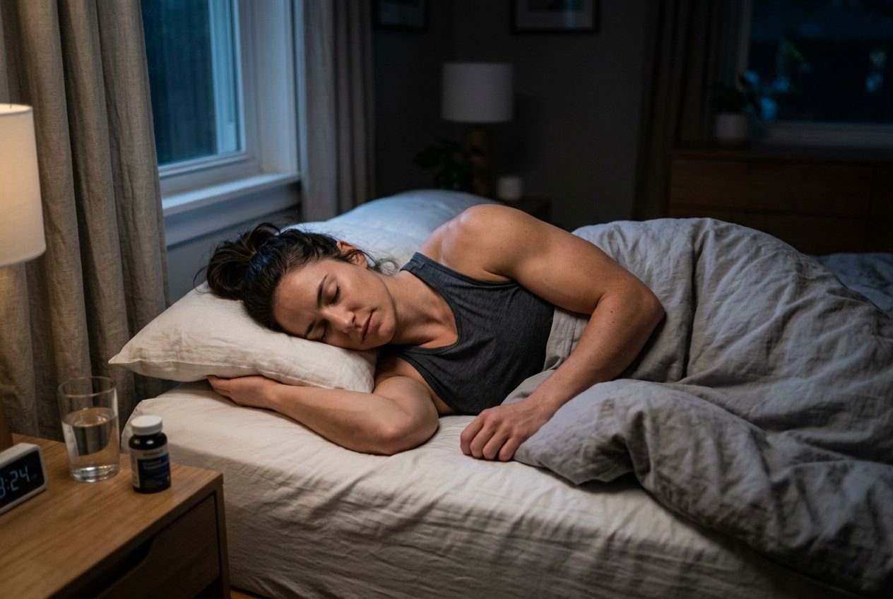 Femme s’endormant dans son lit, côté gauche sur l’oreiller, réveil et médicaments sur la table de nuit; ambiance nocturne. Manque de sommeil conséquences sport faible sommeil.
