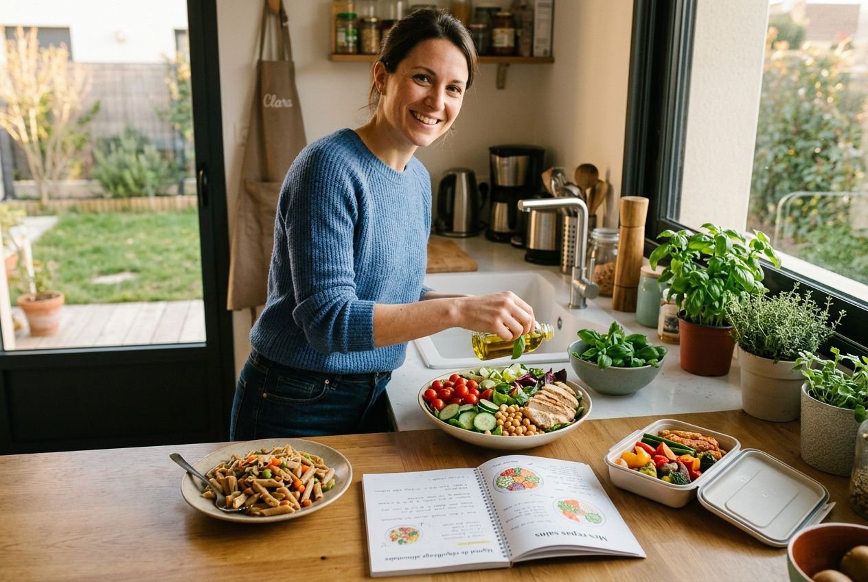 Femme souriante en cuisine, prépare un repas sain devant un livre de recettes ouvert et des plats équilibrés. différence entre régime et rééquilibrage alimentaire intégrée naturellement.