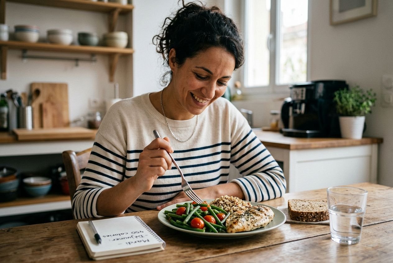 Femme souriante mangeant un repas équilibré avec salade et poisson sur une table de cuisine, carnet ouvert à côté. en de calories par jour pour maigrir femme 40 ans