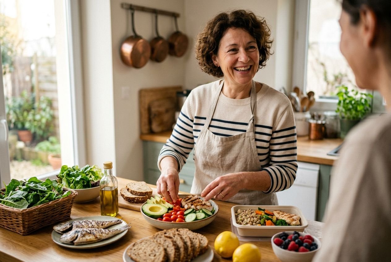 Une femme souriante prépare un repas sain avec salade, légumes, fruits et pain sur une table de cuisine lumineuse.