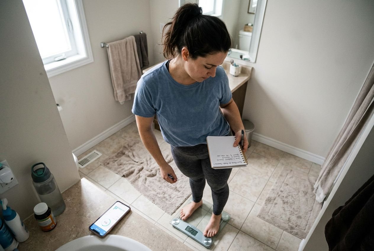 Une femme se tient sur une balance dans la salle de bains, tenant un carnet et vérifiant son suivi, près de son smartphone posé sur le bord du lavabo. au bout de combien de temps on commencé à perdre du poids