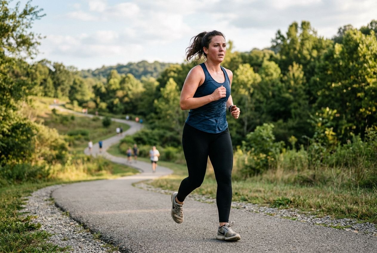 Femme en train de courir sur un chemin en montée entouré de verdure, pratique sportive et entraînement en plein air. en combien de temps perdre du poids