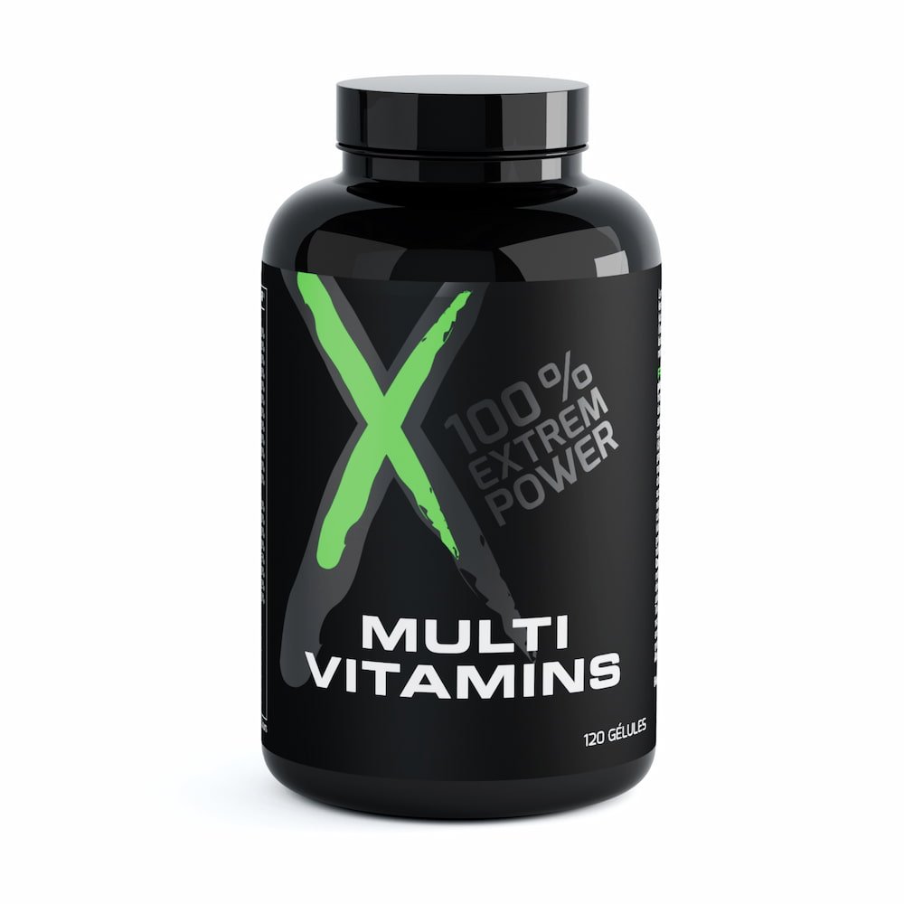 Gélules de complément multivitamines noir avec logo vert X et texte « 100% EXTREM POWER » et « MULTI VITAMINS ».