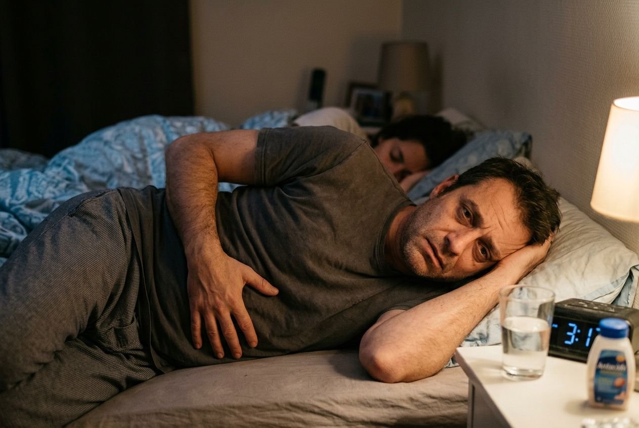 Homme allongé sur le côté dans son lit, l’air fatigué, réveil et bouteille d’eau sur la table de chevet à côté.