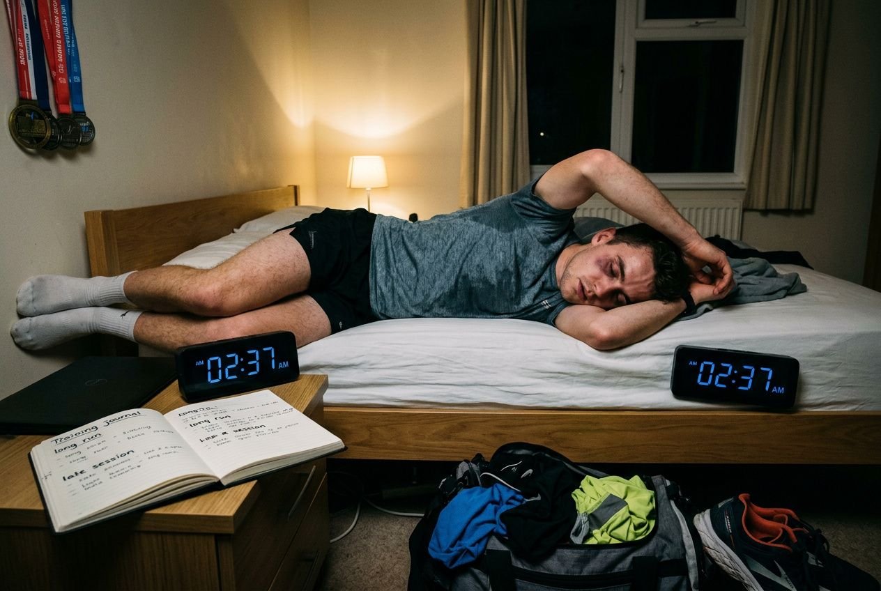 Homme allongé sur le lit, lipposé sur le côté, yeux fermés, réveillé au milieu de la nuit; une horloge affichant 02:37, livre ouvert et sac de sport au sol, illustration du thème “trop de sport sommeil”.