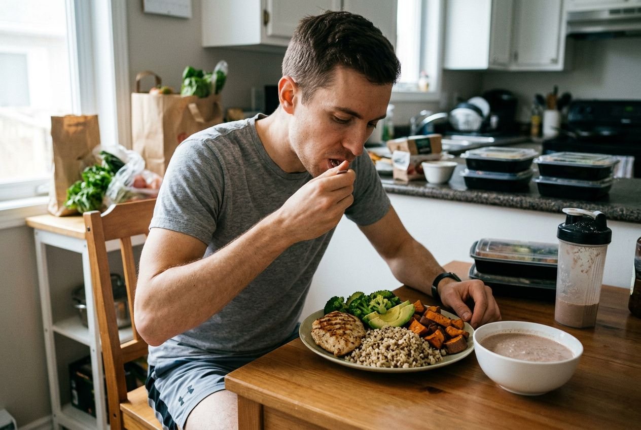 Homme assis à une table mangeant un repas composé de riz/avoine et légumes, avec bol de soupe à côté; ambiance cuisine domestique. Intègre le concept d’ectomorphe prise de masse alimentation.
