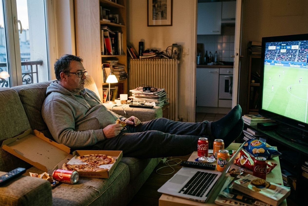 Homme assis sur canapé, grande bouteille et restes de repas autour, regardant la télévision et un ordinateur portable; ambiance de salon encombré. pourquoi je ne maigris pas malgré un déficit calorique intégré naturellement.