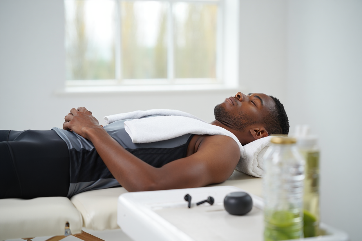 Homme couché sur une table de sport, yeux fermés, repos après entraînement; ravive par une serviette sur le torse, ambiance calme et lumineuse. Texte lié: manque de sommeil conséquences sport.