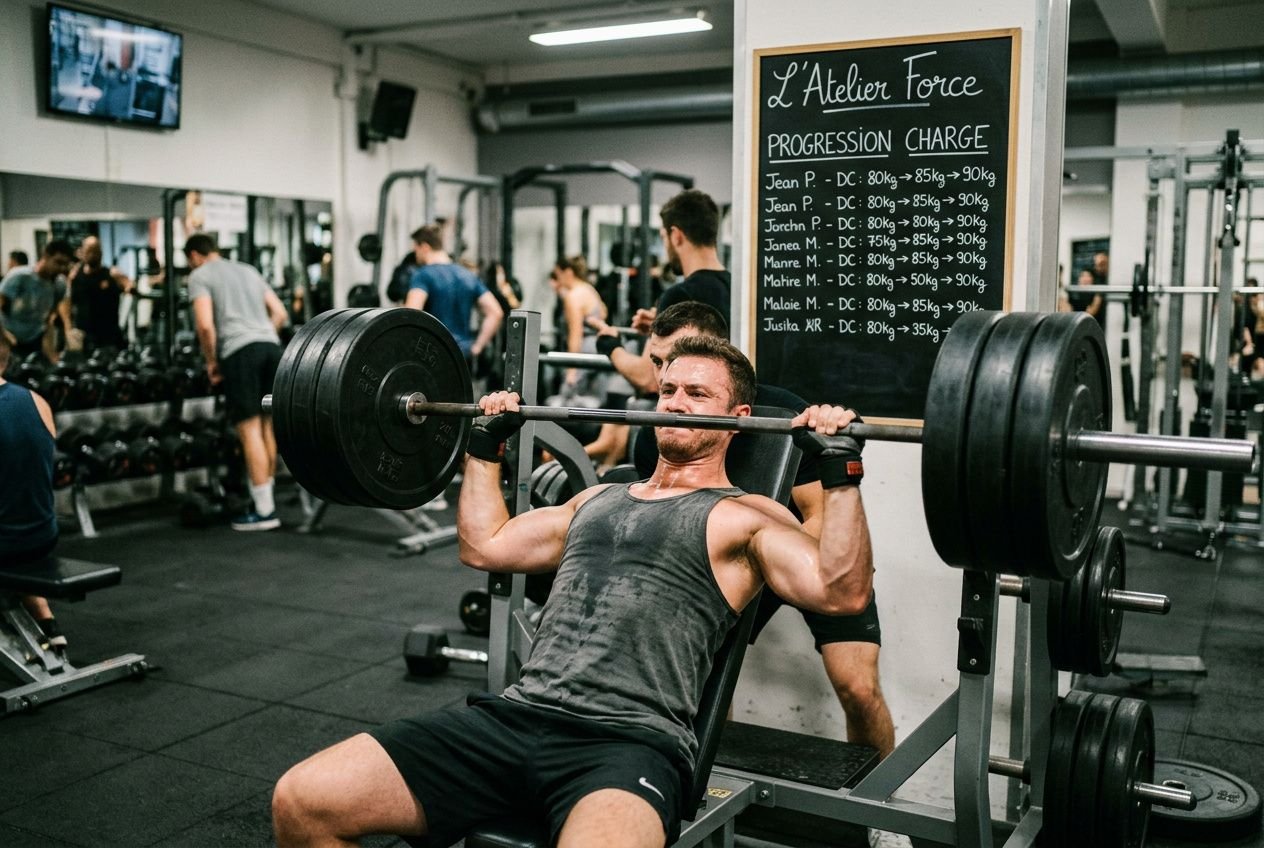 Homme effectuant un développé couché lourd en salle, avec des kettlebell et un tableau d'entraînement en arrière-plan. programme musculation en salle débutant intégré naturellement.