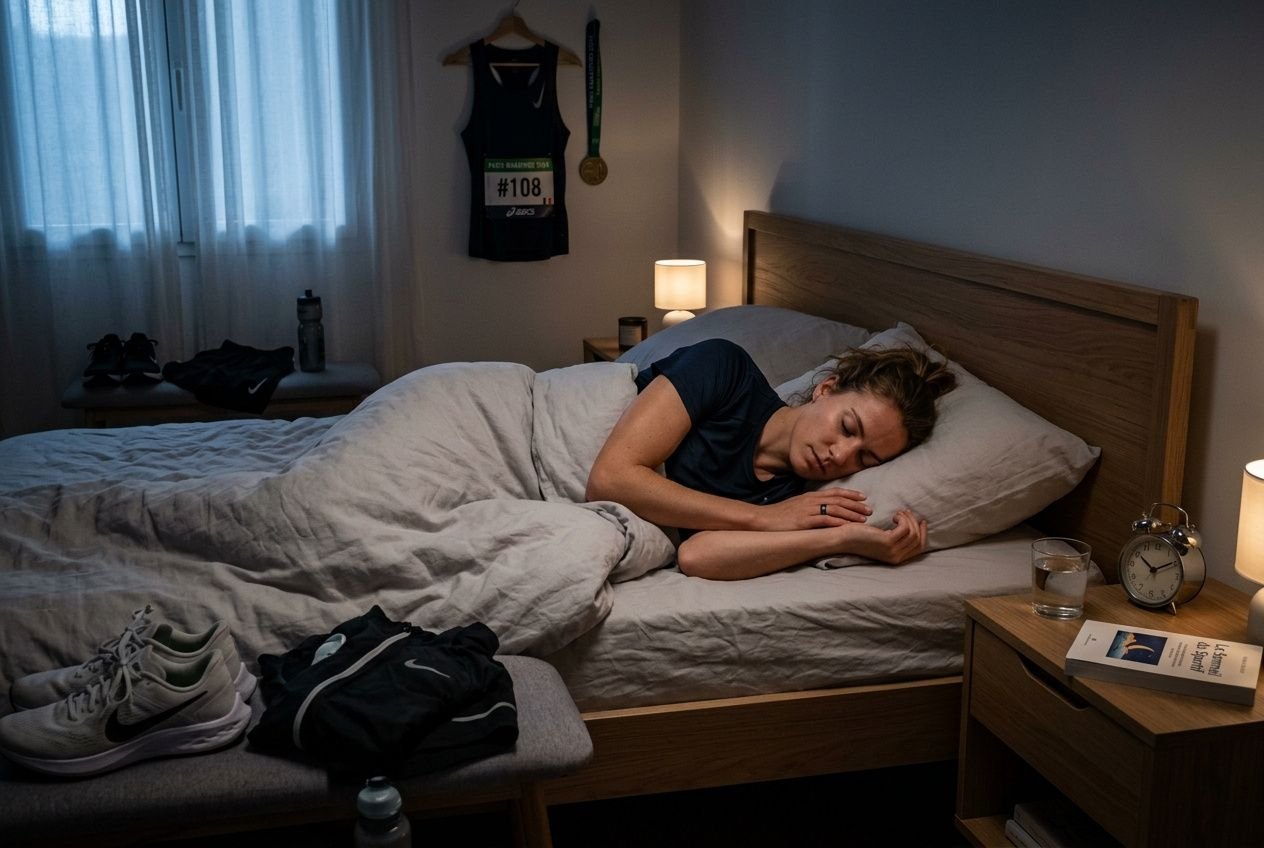 Homme endormi dans un lit sportif, entouré d’équipements de sport et d’horloge, illustrant le lien entre sommeil et performance physique.