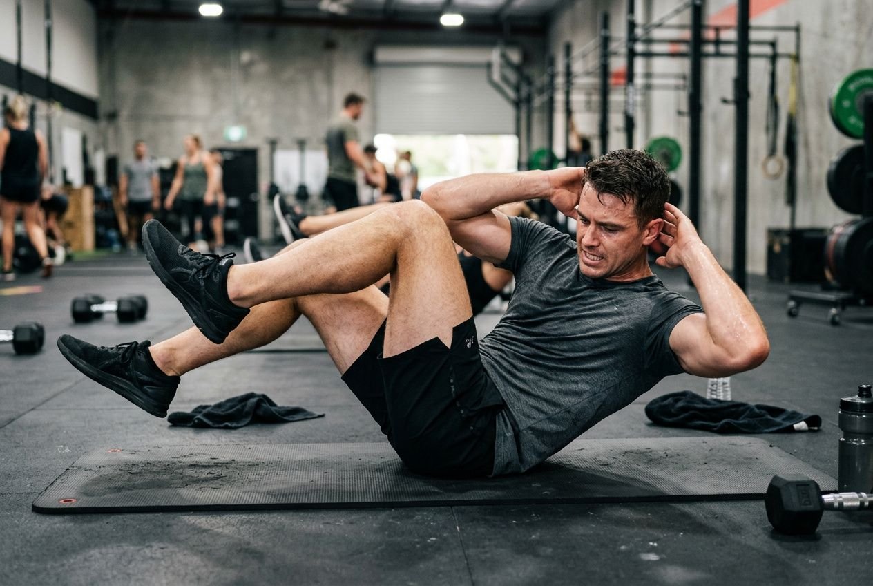 Homme faisant des exercices abdominaux au sol dans une salle de sport, portant t-shirt gris et shorts noirs, séance de fitness.漏