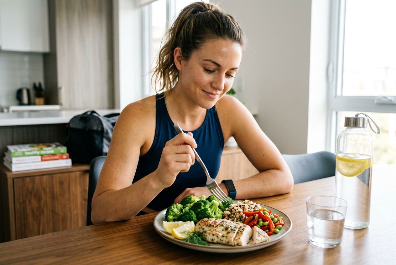 Homme ou femme mangeant un repas équilibré après sport, avec légumes, poisson et salade, dans une cuisine lumineuse. que manger pour maigrir quand on fait du sport.