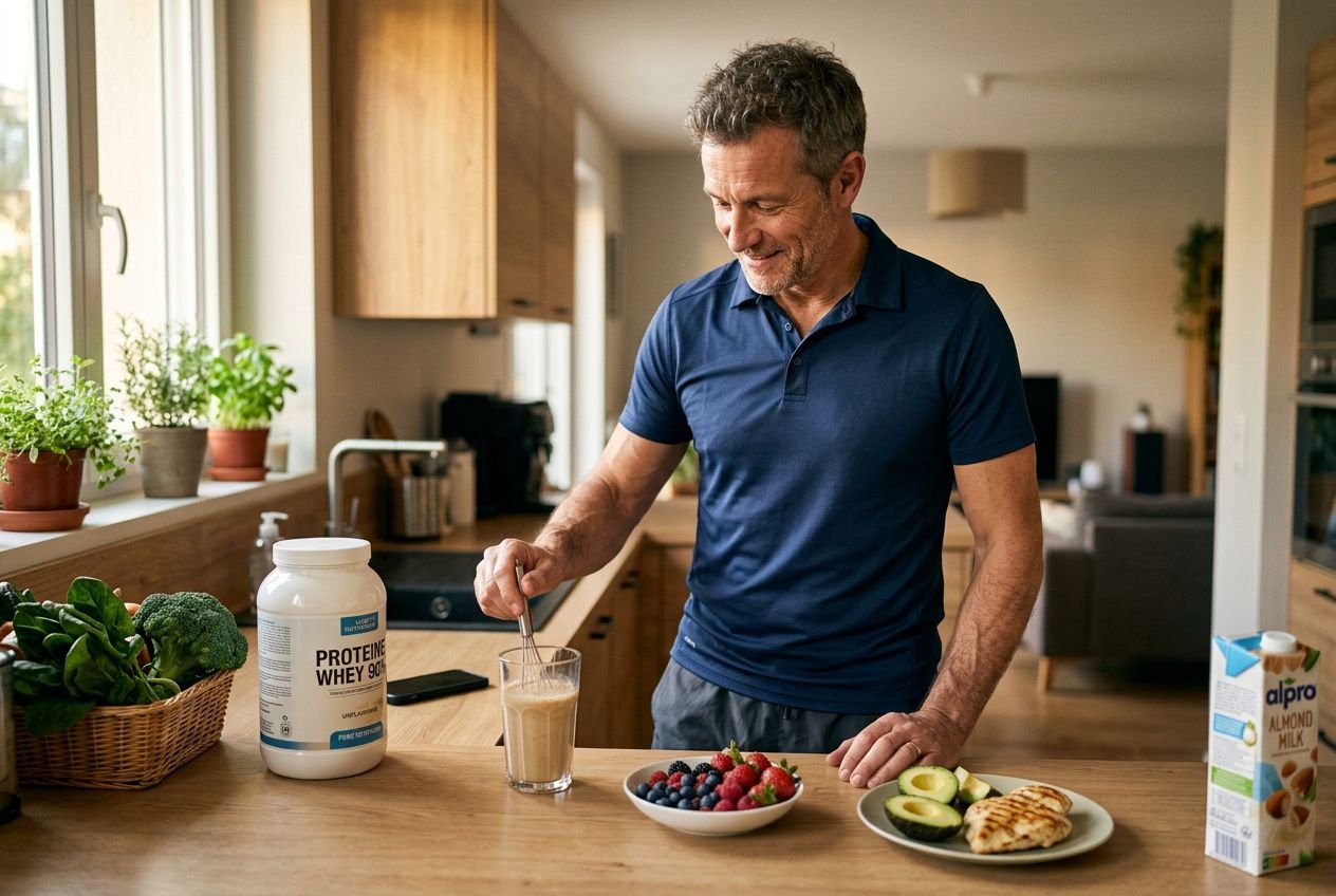 Homme mature dans une cuisine, préparant un shake protéiné et dégustant fruits et pancakes, pour la prise de masse musculaire après 40 ans.